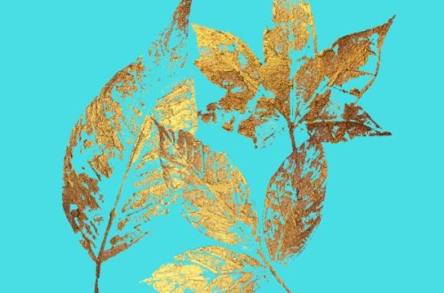 Nature printing - gold leaves on a blue background